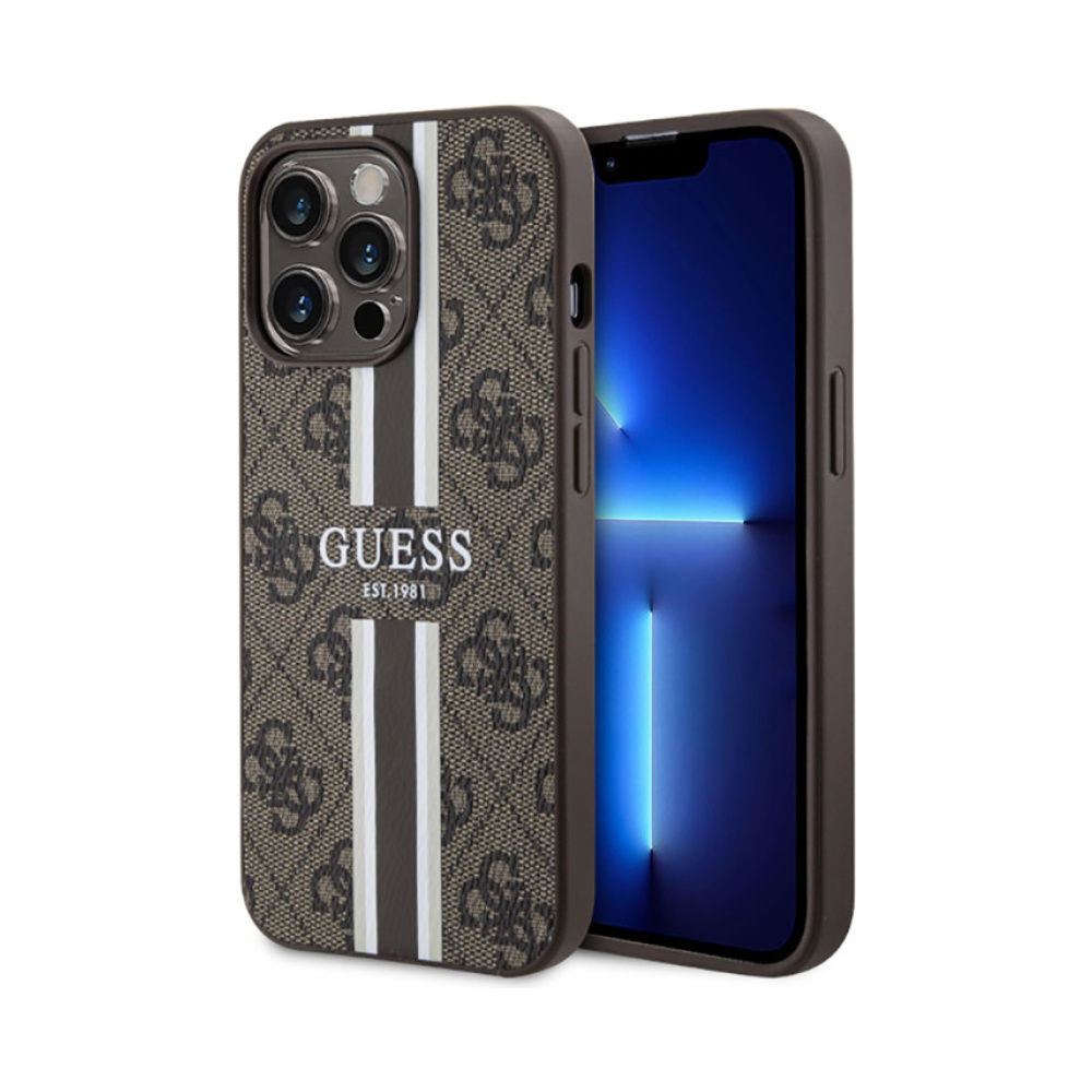 Coque iPhone 13 Pro Max Guess 4G Printed Stripes MagSafe brune