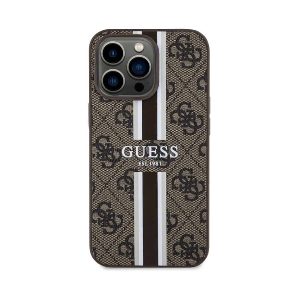 Coque iPhone 13 Pro Max Guess 4G Printed Stripes MagSafe brune — visuel 3