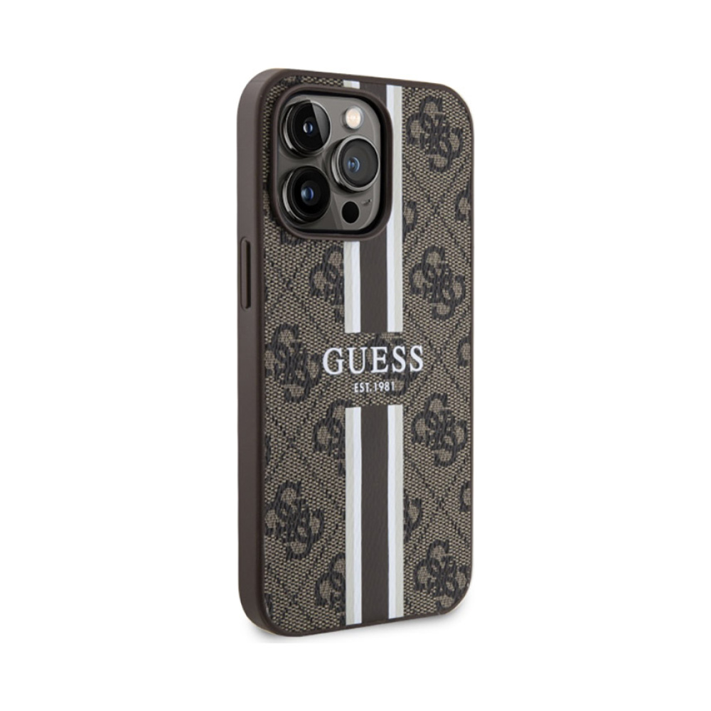 Coque iPhone 13 Pro Max Guess 4G Printed Stripes MagSafe brune — visuel 4