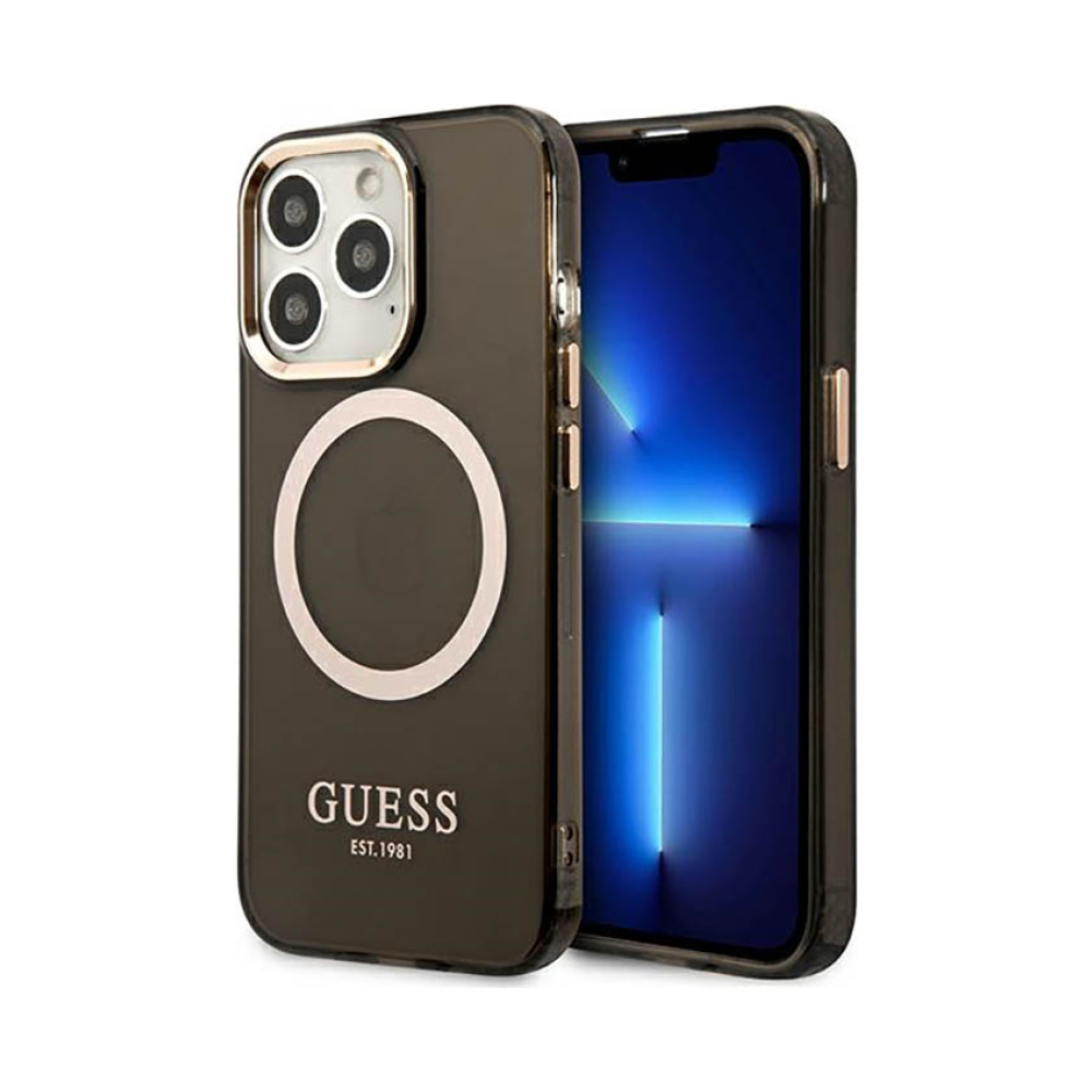 Coque iPhone 13 Pro Max Guess Gold Outline Translucent MagSafe noire