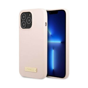 Coque iPhone 13 Pro Max Guess Silicone Logo Plate MagSafe rose
