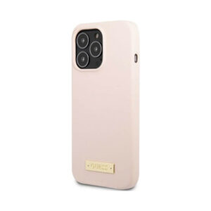 Coque iPhone 13 Pro Max Guess Silicone Logo Plate MagSafe rose — visuel 2