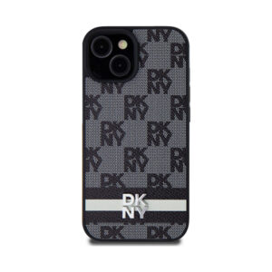 Coque iPhone 14 DKNY Leather Checkered Mono Pattern & Printed Stripes noire — visuel 3