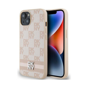 Coque iPhone 14 DKNY Leather Checkered Mono Pattern & Printed Stripes rose