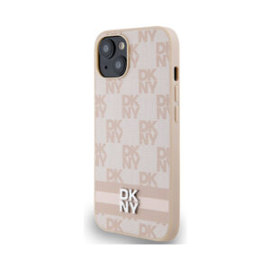 Coque iPhone 14 DKNY Leather Checkered Mono Pattern & Printed Stripes rose — visuel 2
