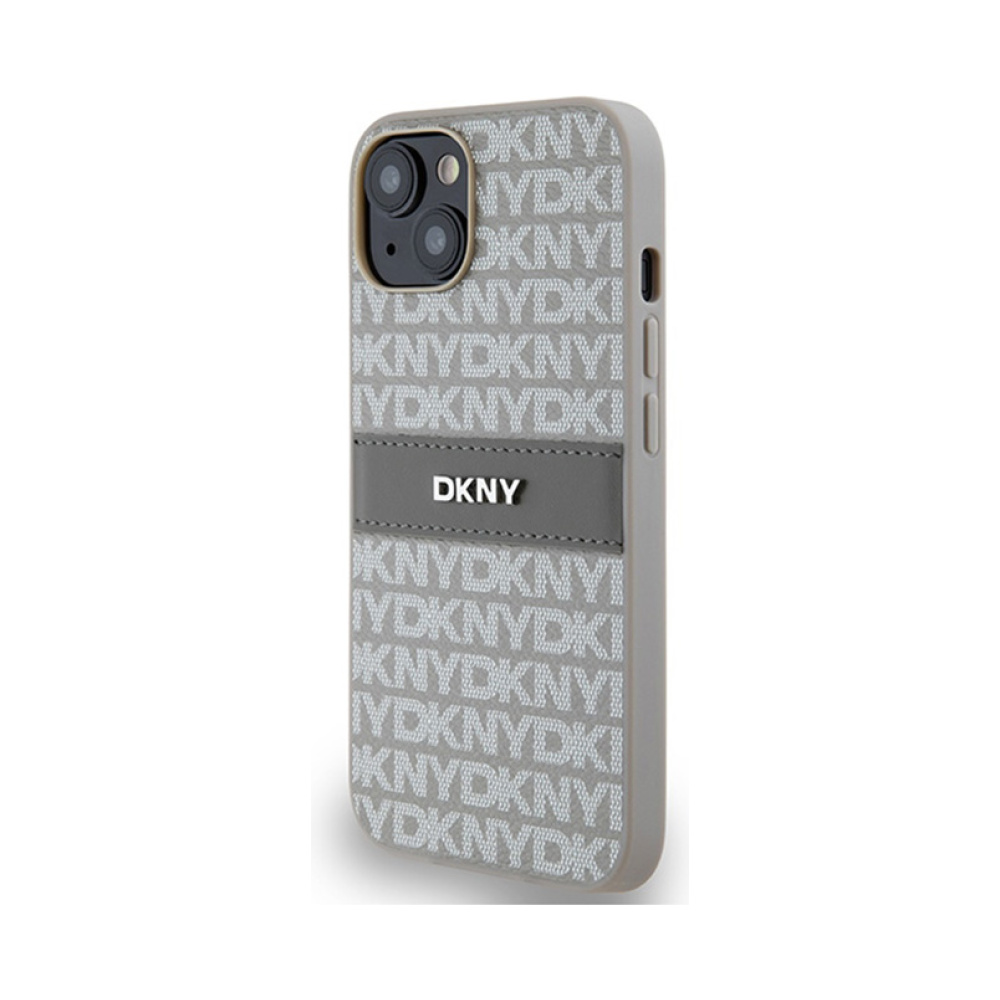 Coque iPhone 14 DKNY Leather Mono Stripe & Metal Logo beige — visuel 2