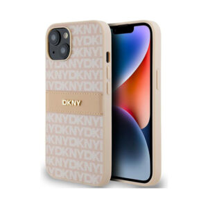 Coque iPhone 14 DKNY Leather Mono Stripe & Metal Logo rose