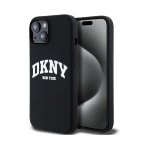 Coque iPhone 14 DKNY Liquid Silicone White Printed Logo MagSafe noire