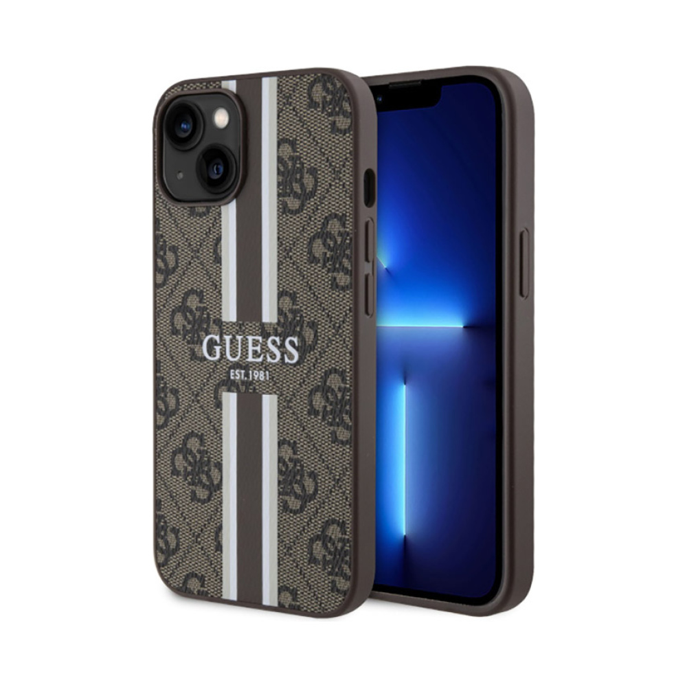 Coque iPhone 14 Guess 4G Printed Stripes MagSafe brune