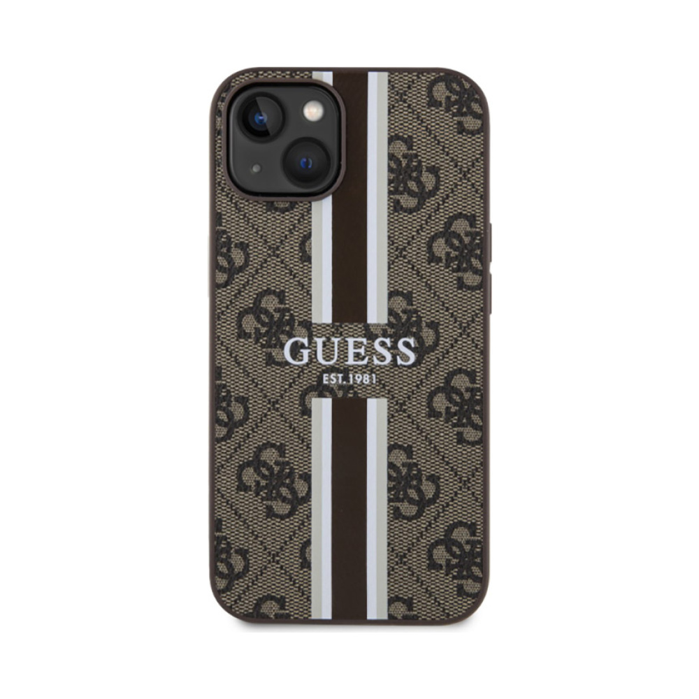 Coque iPhone 14 Guess 4G Printed Stripes MagSafe brune — visuel 3