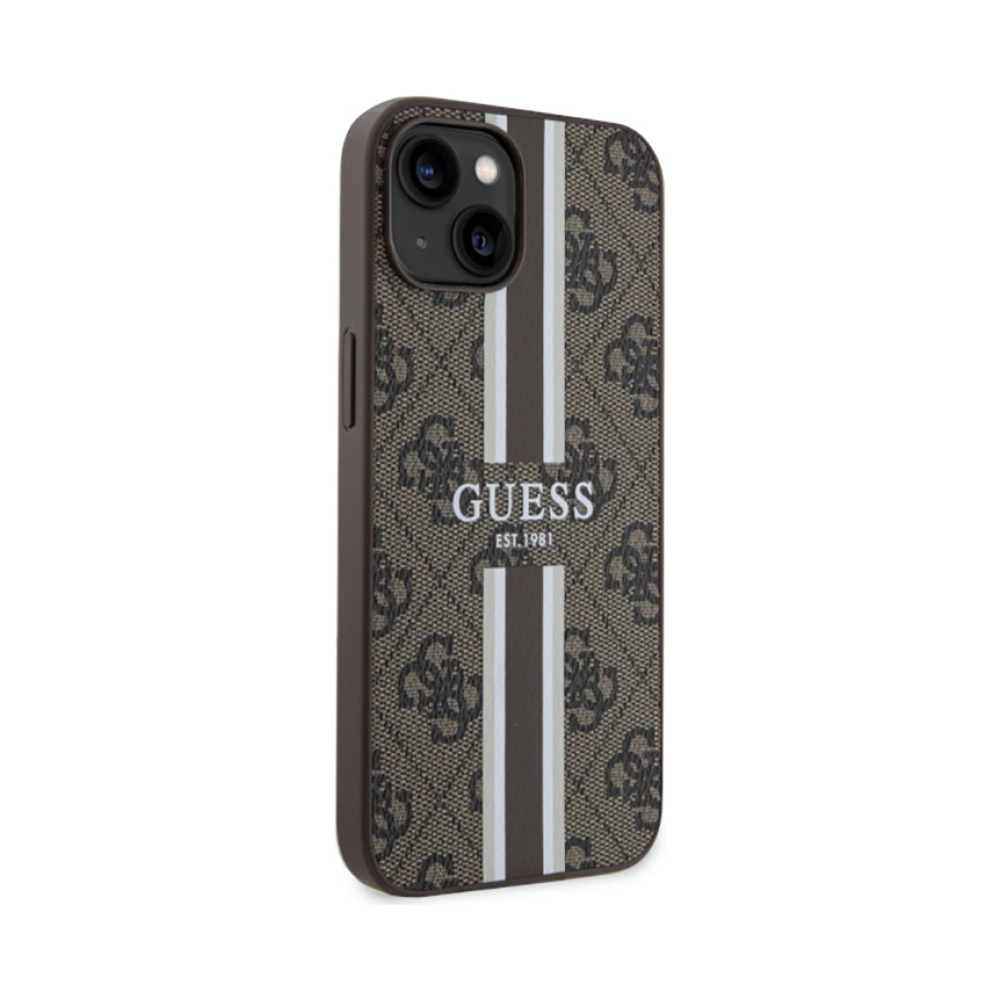 Coque iPhone 14 Guess 4G Printed Stripes MagSafe brune — visuel 4