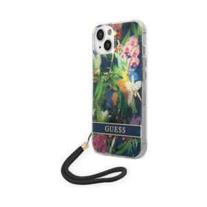 Coque iPhone 14 Guess Flower Cord bleue