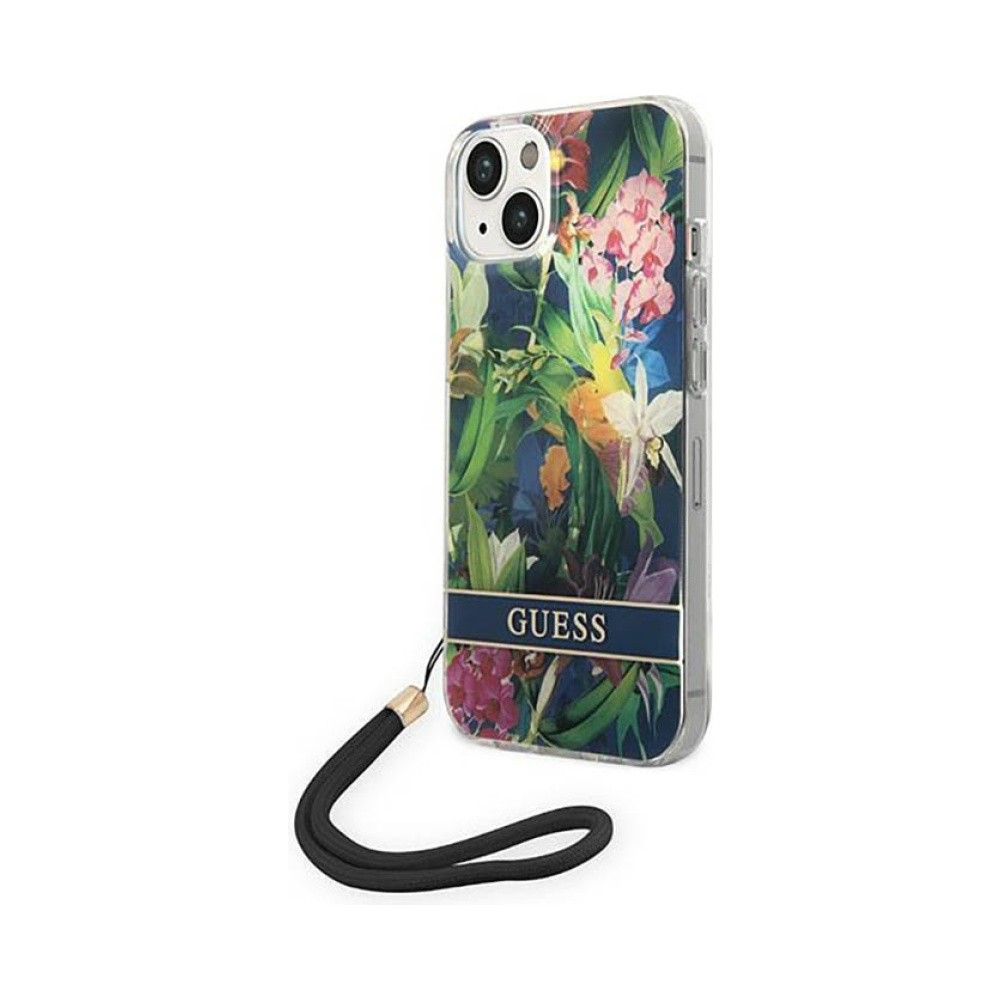Coque iPhone 14 Guess Flower Cord bleue