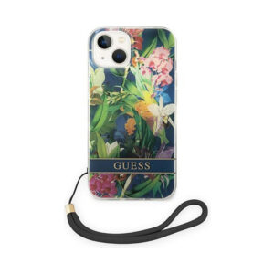 Coque iPhone 14 Guess Flower Cord bleue — visuel 2