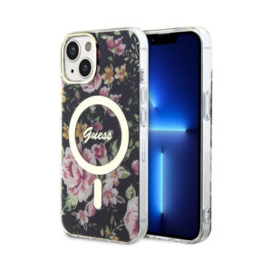 Coque iPhone 14 Guess Flower MagSafe noire