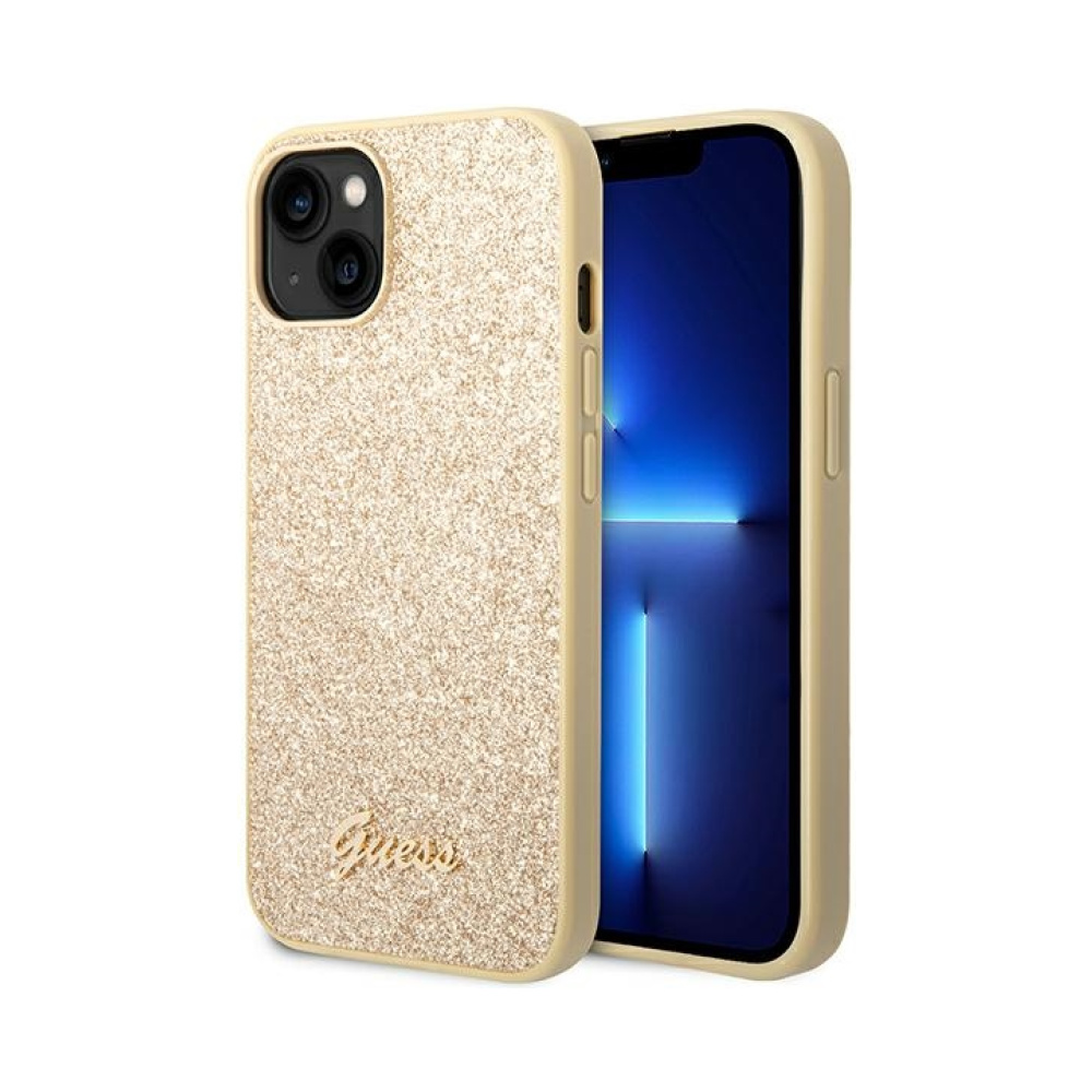 Coque iPhone 14 Guess Glitter Flakes Metal Logo Case dorée