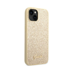 Coque iPhone 14 Guess Glitter Flakes Metal Logo Case dorée — visuel 4