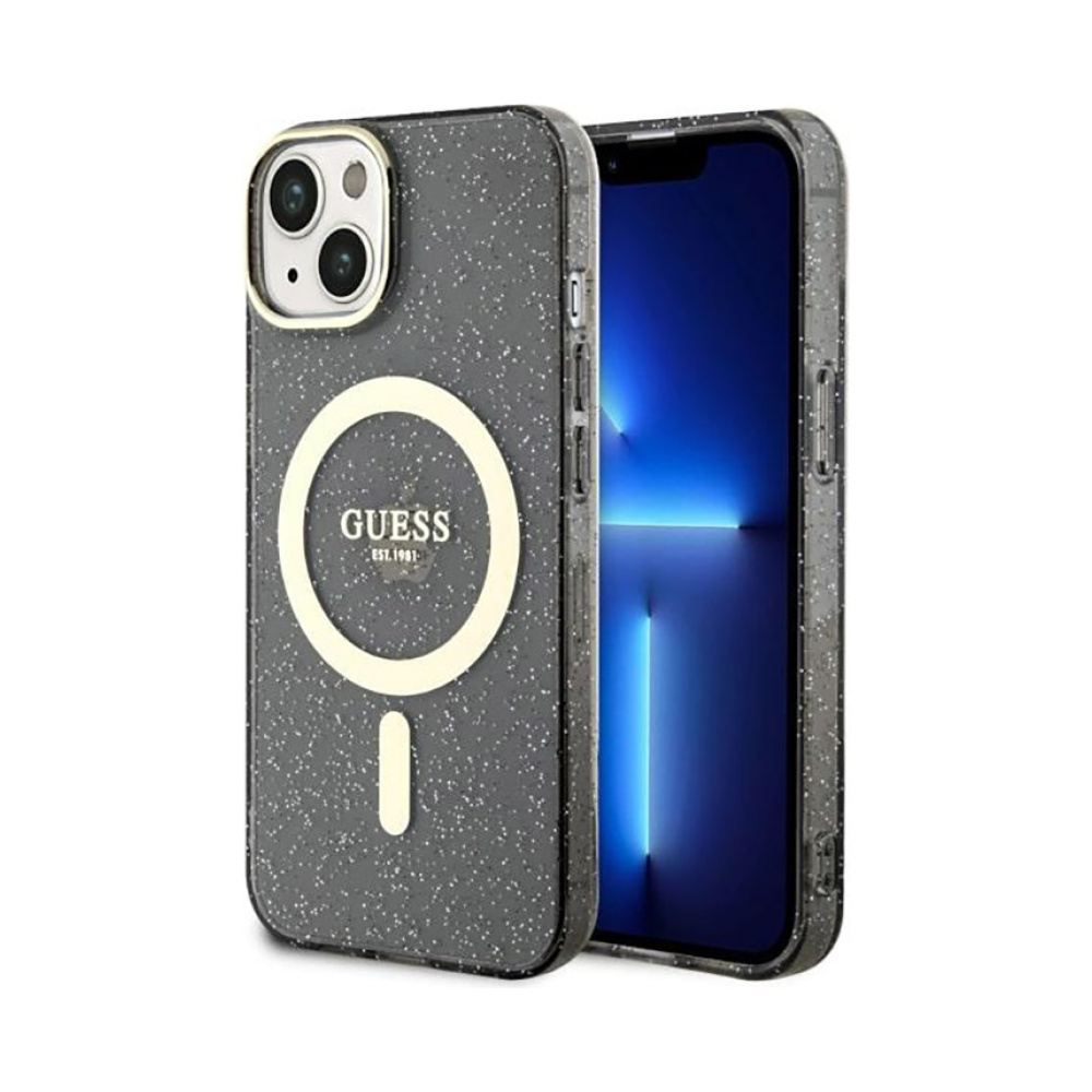 Coque iPhone 14 Guess Glitter Gold MagSafe noire