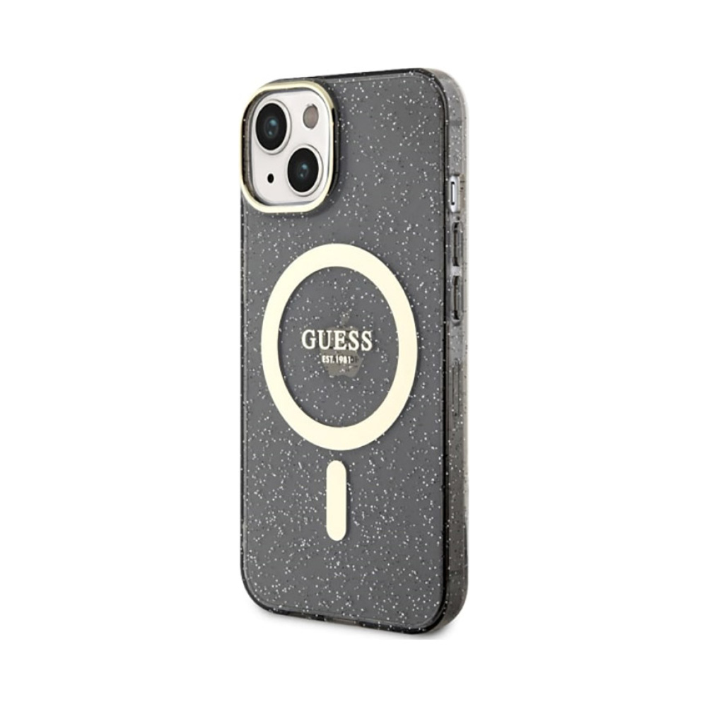 Coque iPhone 14 Guess Glitter Gold MagSafe noire — visuel 2