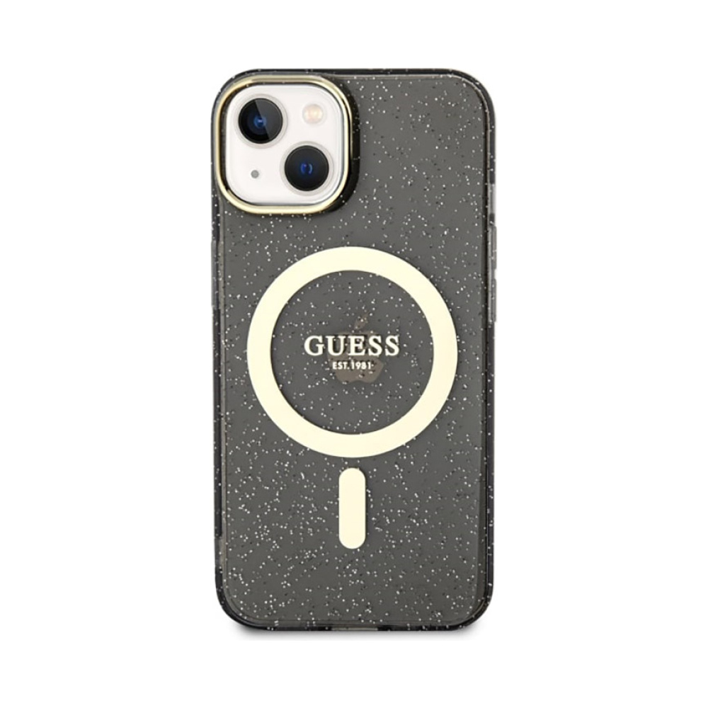 Coque iPhone 14 Guess Glitter Gold MagSafe noire — visuel 3