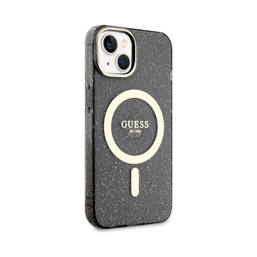 Coque iPhone 14 Guess Glitter Gold MagSafe noire — visuel 4