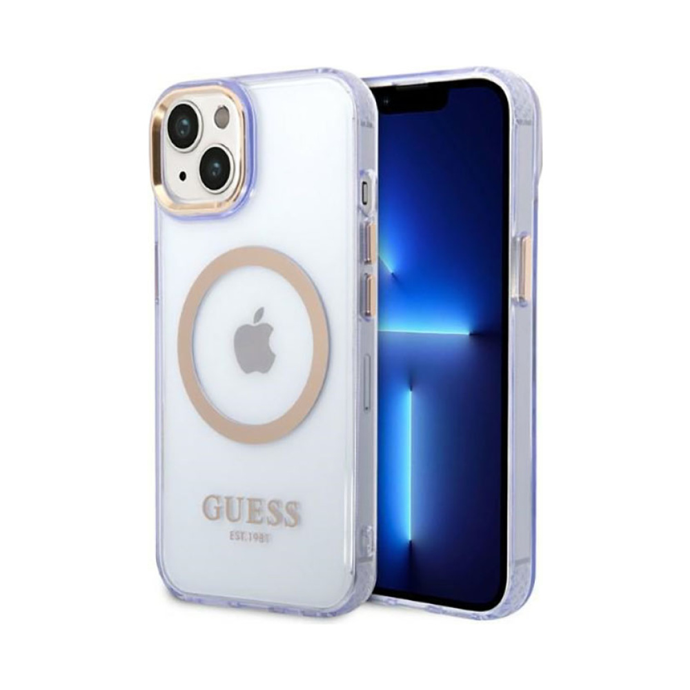 Coque iPhone 14 Guess Gold Outline Translucent MagSafe violette