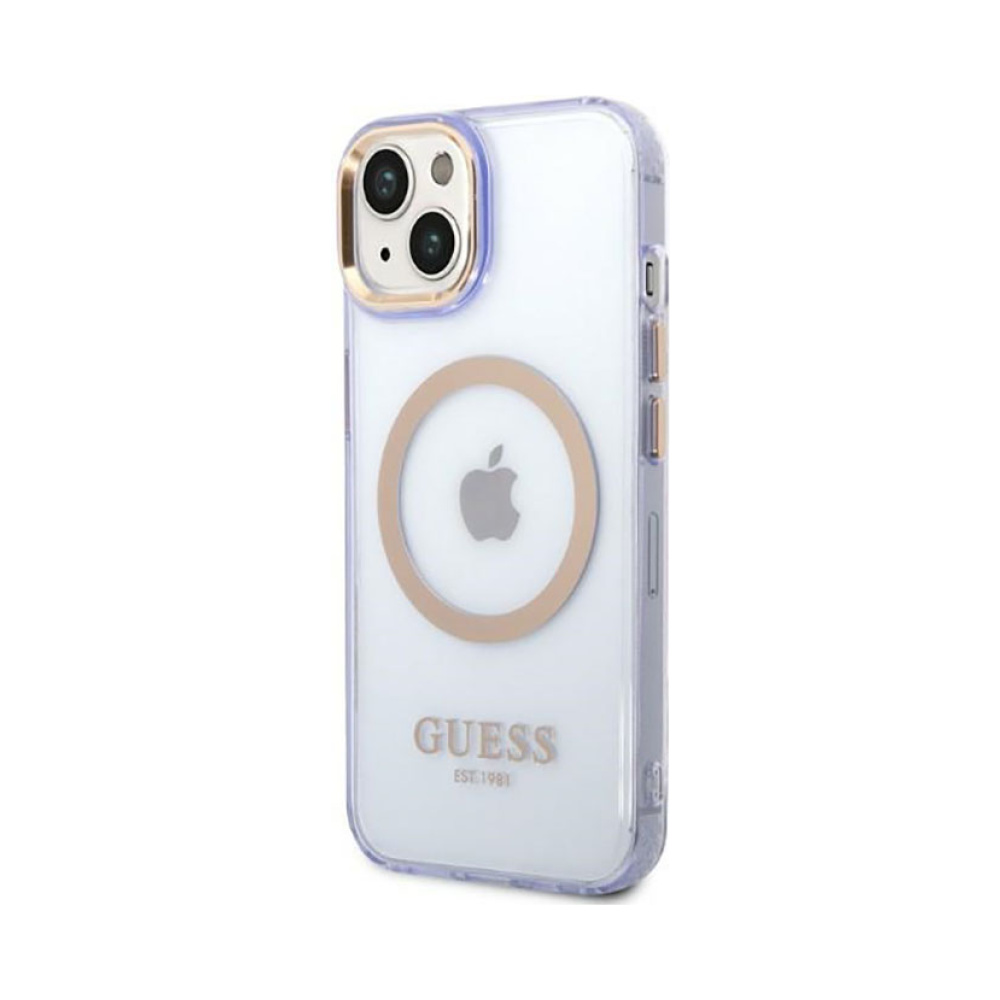 Coque iPhone 14 Guess Gold Outline Translucent MagSafe violette — visuel 2