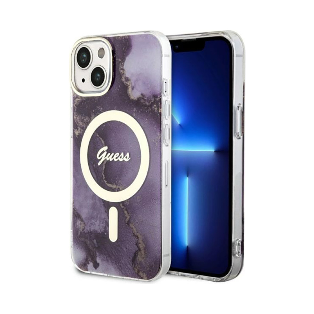 Coque iPhone 14 Guess Golden Marble MagSafe violette