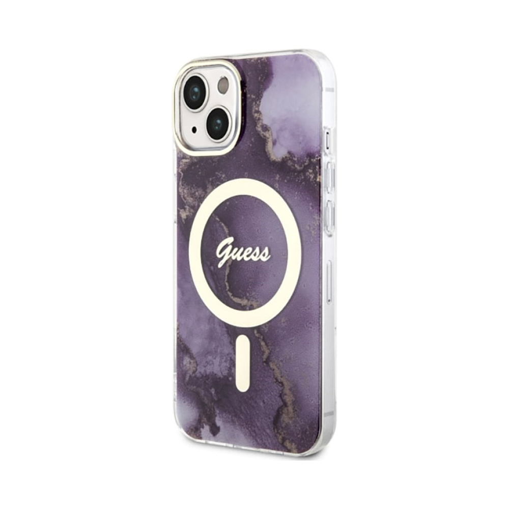 Coque iPhone 14 Guess Golden Marble MagSafe violette — visuel 2
