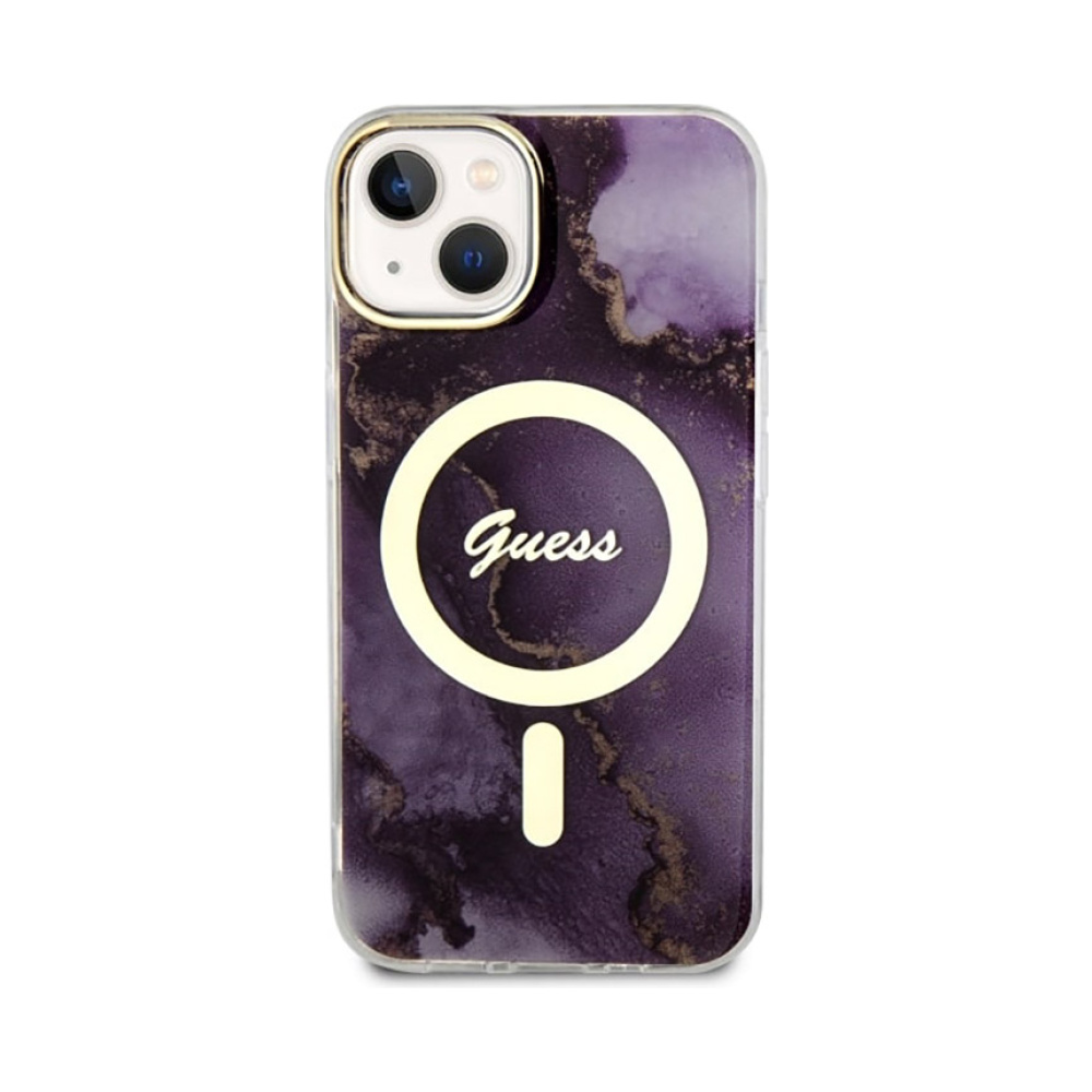Coque iPhone 14 Guess Golden Marble MagSafe violette — visuel 3