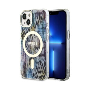 Coque iPhone 14 Guess Leopard MagSafe bleue