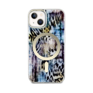 Coque iPhone 14 Guess Leopard MagSafe bleue — visuel 3