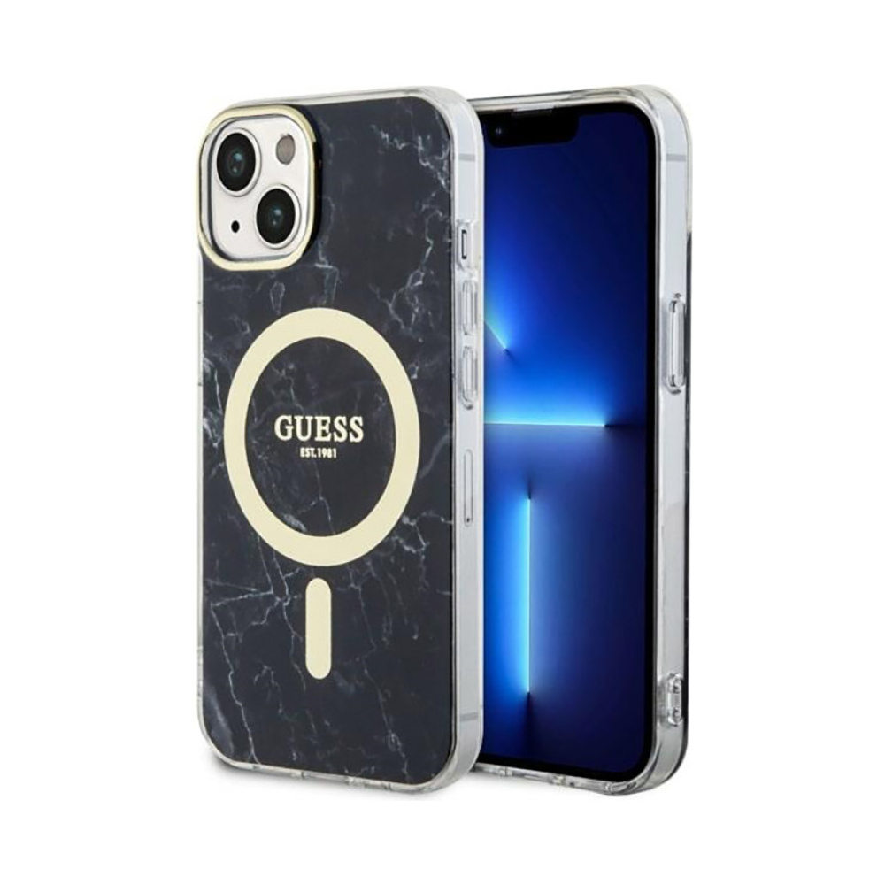 Coque iPhone 14 Guess Marble MagSafe noire