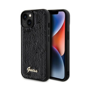 Coque iPhone 14 Guess Sequin Script Metal noire
