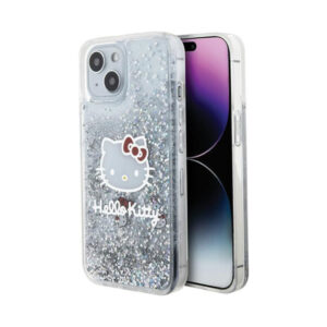 Coque iPhone 14 Hello Kitty Liquid Glitter Charms Kitty Head argentée