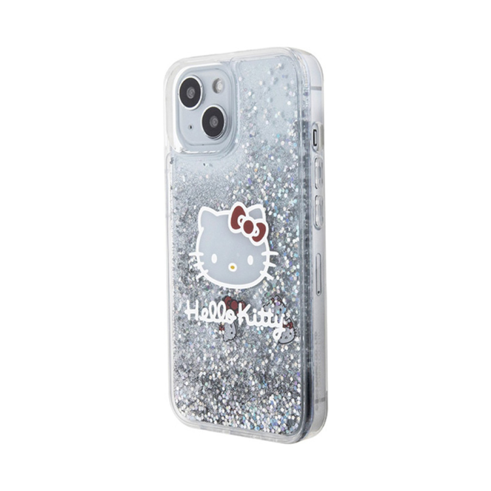Coque iPhone 14 Hello Kitty Liquid Glitter Charms Kitty Head argentée — visuel 2