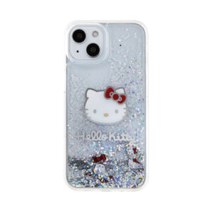 Coque iPhone 14 Hello Kitty Liquid Glitter Charms Kitty Head argentée — visuel 3