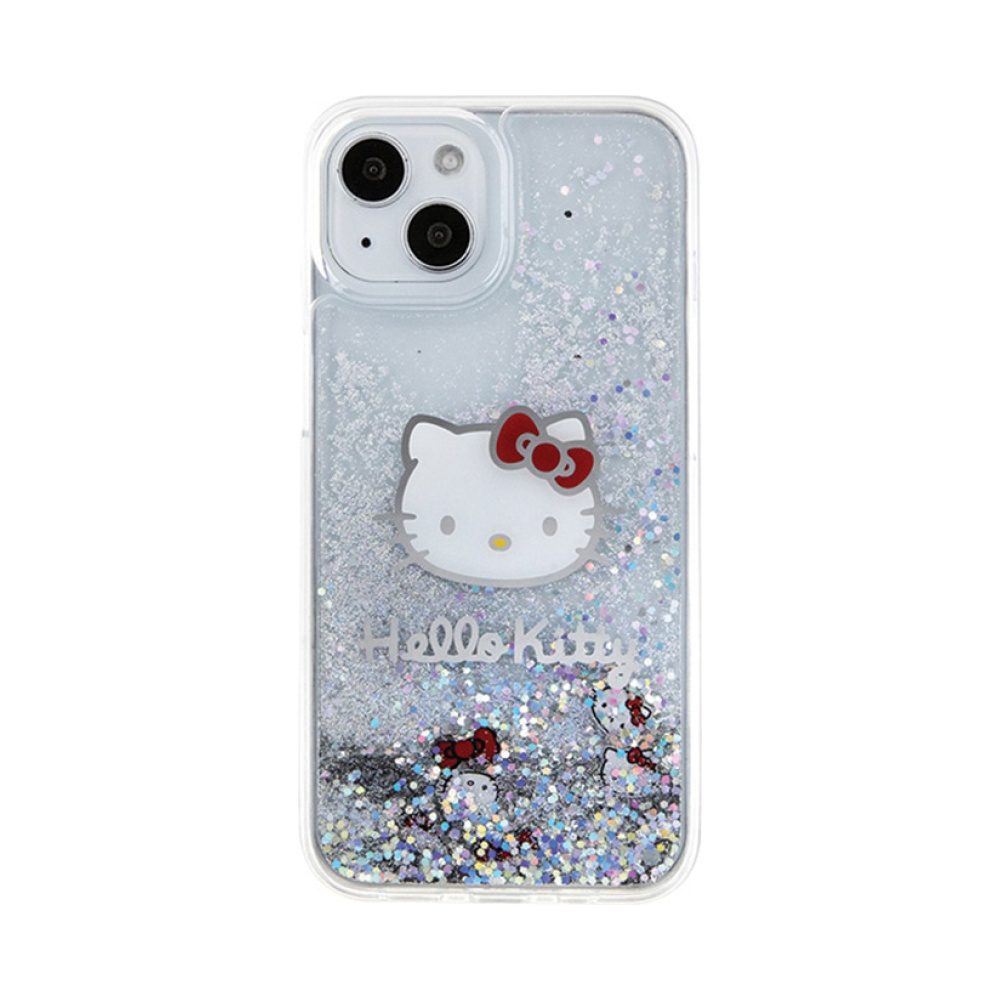Coque iPhone 14 Hello Kitty Liquid Glitter Charms Kitty Head argentée — visuel 3