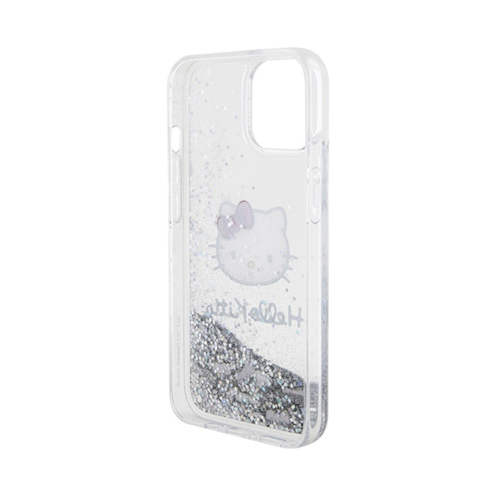 Coque iPhone 14 Hello Kitty Liquid Glitter Charms Kitty Head argentée — visuel 5