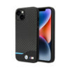 Coque iPhone 14 Plus BMW Leather Carbon Blue Line noire