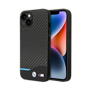 Coque iPhone 14 Plus BMW Leather Carbon Blue Line noire