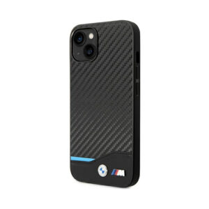 Coque iPhone 14 Plus BMW Leather Carbon Blue Line noire — visuel 2