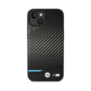 Coque iPhone 14 Plus BMW Leather Carbon Blue Line noire — visuel 3