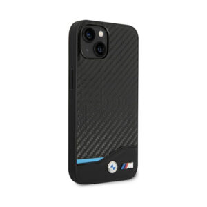 Coque iPhone 14 Plus BMW Leather Carbon Blue Line noire — visuel 4