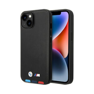 Coque iPhone 14 Plus BMW Leather Hot Stamp Tricolor MagSafe noire
