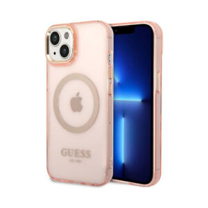 Coque iPhone 14 Plus Guess Gold Outline Translucent MagSafe rose