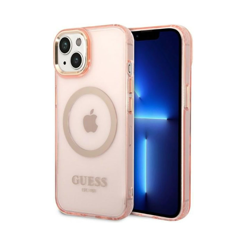Coque iPhone 14 Plus Guess Gold Outline Translucent MagSafe rose