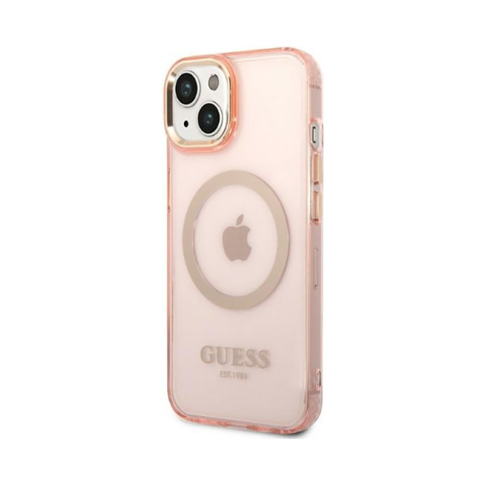 Coque iPhone 14 Plus Guess Gold Outline Translucent MagSafe rose — visuel 2