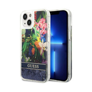Coque iPhone 14 Plus Guess Liquid Glitter Flower bleue