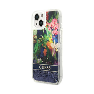 Coque iPhone 14 Plus Guess Liquid Glitter Flower bleue — visuel 2